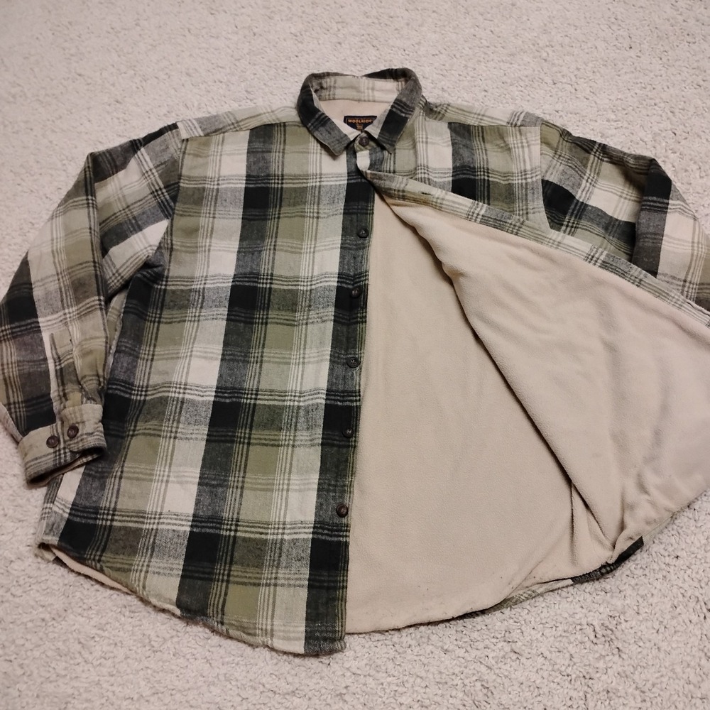 Woolrich Shirt Mens XL Green Shacket Plaid Fleece Lined Outdoor Hiking Oversized